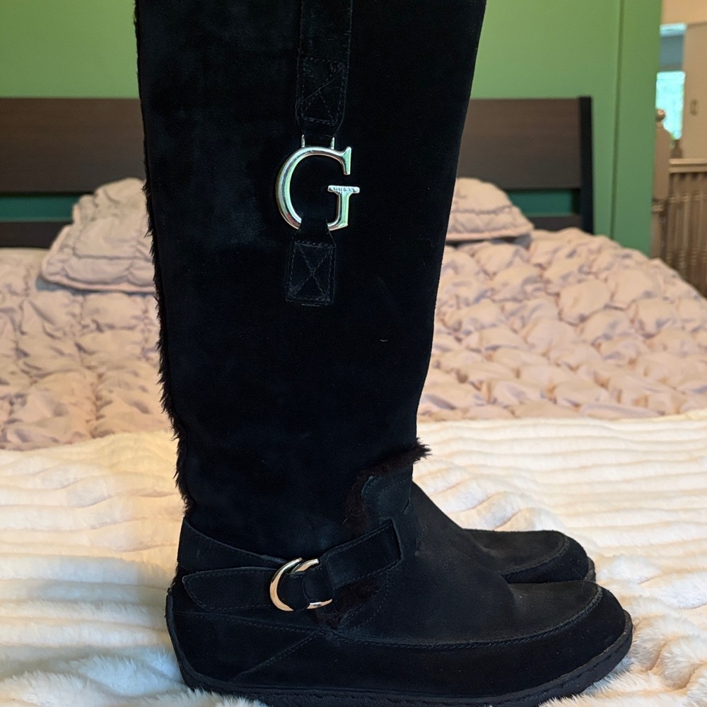 Guess Black Suede Boot with Silver Logo & Zipper Pull